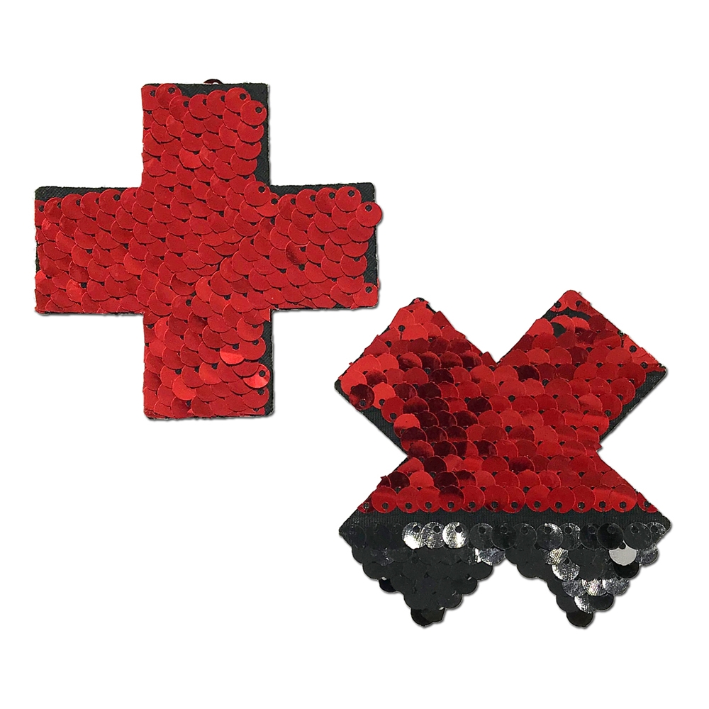 Caches-Seins Croix Sequins Réversibles Rouge et Noir