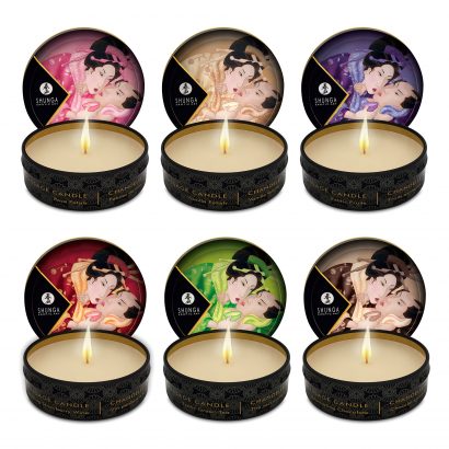 Photo des 6 parfums de mini chandelles de massage de la marque Shunga