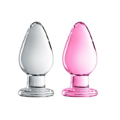 Image des 2 coloris (transparent et rose) du plug anal en verre Glossy N°25 de la marque Glossy Toys