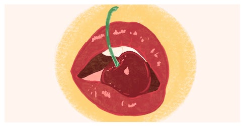 Illustration de l&egrave;vres tenant une cerise symbolisant l&rsquo;exploration des sensations et du plaisir