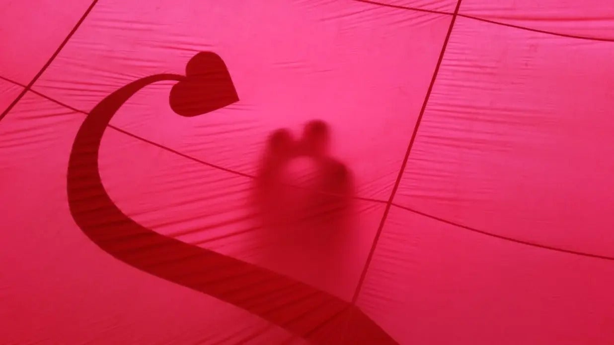 une queue avec un coeur au bout deriière une toile en rouge