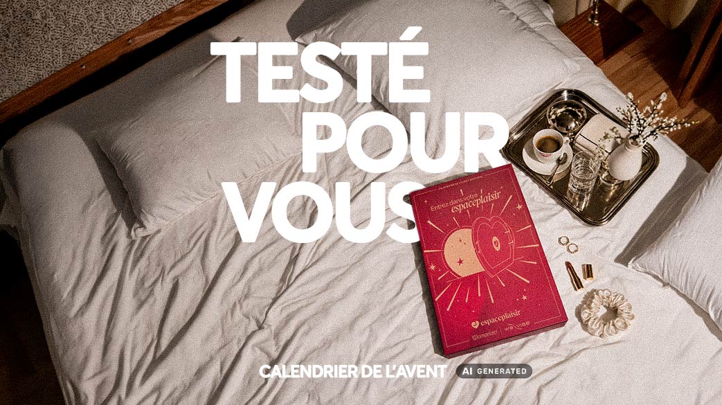 le calendrier de l'avent couple womanizer sur un lit d'hôtel défait.