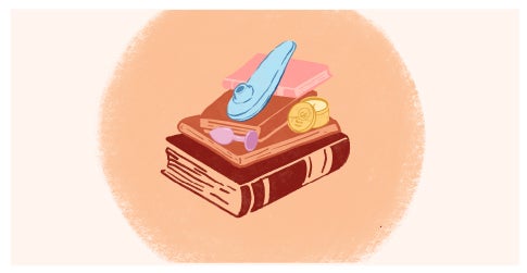 Illustration de livres avec un sextoy pos&eacute; dessus symbolisant un glossaire et des guides autour du plaisir