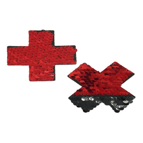 Caches-Seins Croix Sequins Réversibles Rouge et Noir
