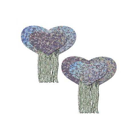 Caches-Seins Glitter Coeur Argentée avec Franges