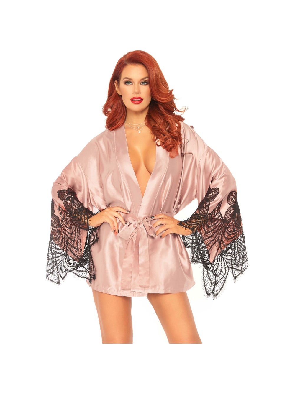 Déshabillé 86105 en Satin Manches Évasées Rose