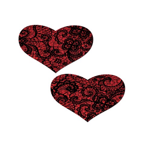 Caches-Seins Coeurs Rouges & Dentelle Noire