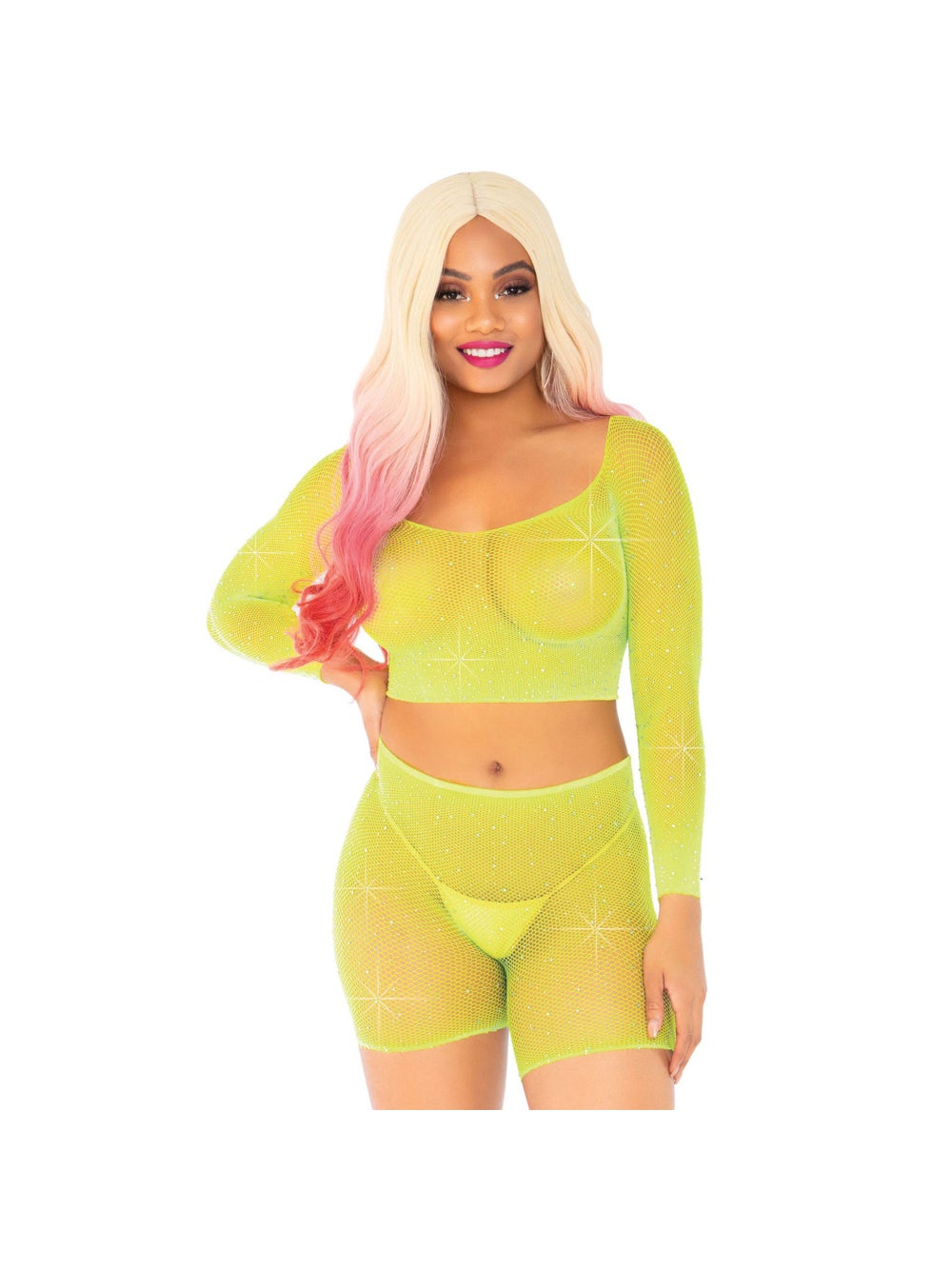 Ensemble 81608 Crop Top & Cycliste Résille Jaune Fluo