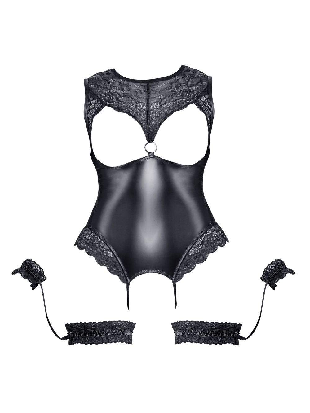Body Ouvert Effet Cuir & Dentelle Avec Jarretelles Menottes main product photo