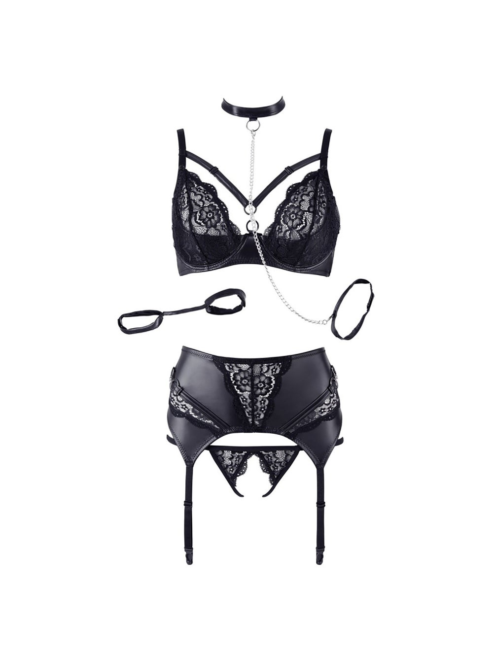 Ensemble 3 Pièces Effet Cuir & Dentelle Avec Laisse Noir 2