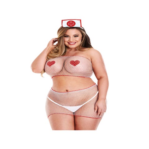 Costume Infirmière Résille 5 Pièces Blanc & Rouge GT
