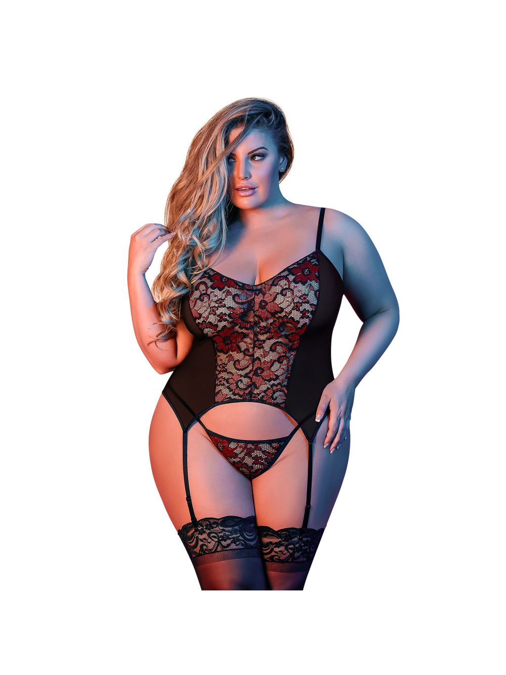 Guêpière Dentelle Fleurie Noire & Rouge GT