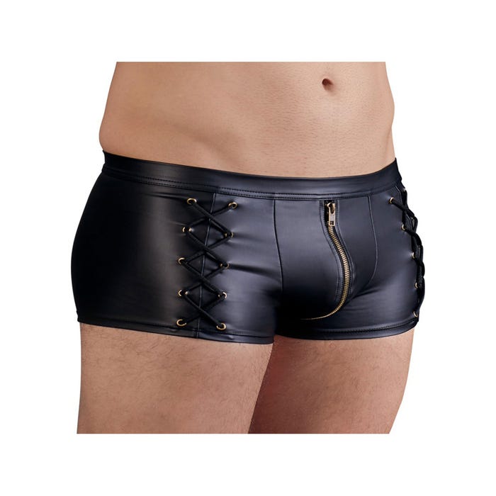 Boxer Effet Cuir Zip & Laçage Noir