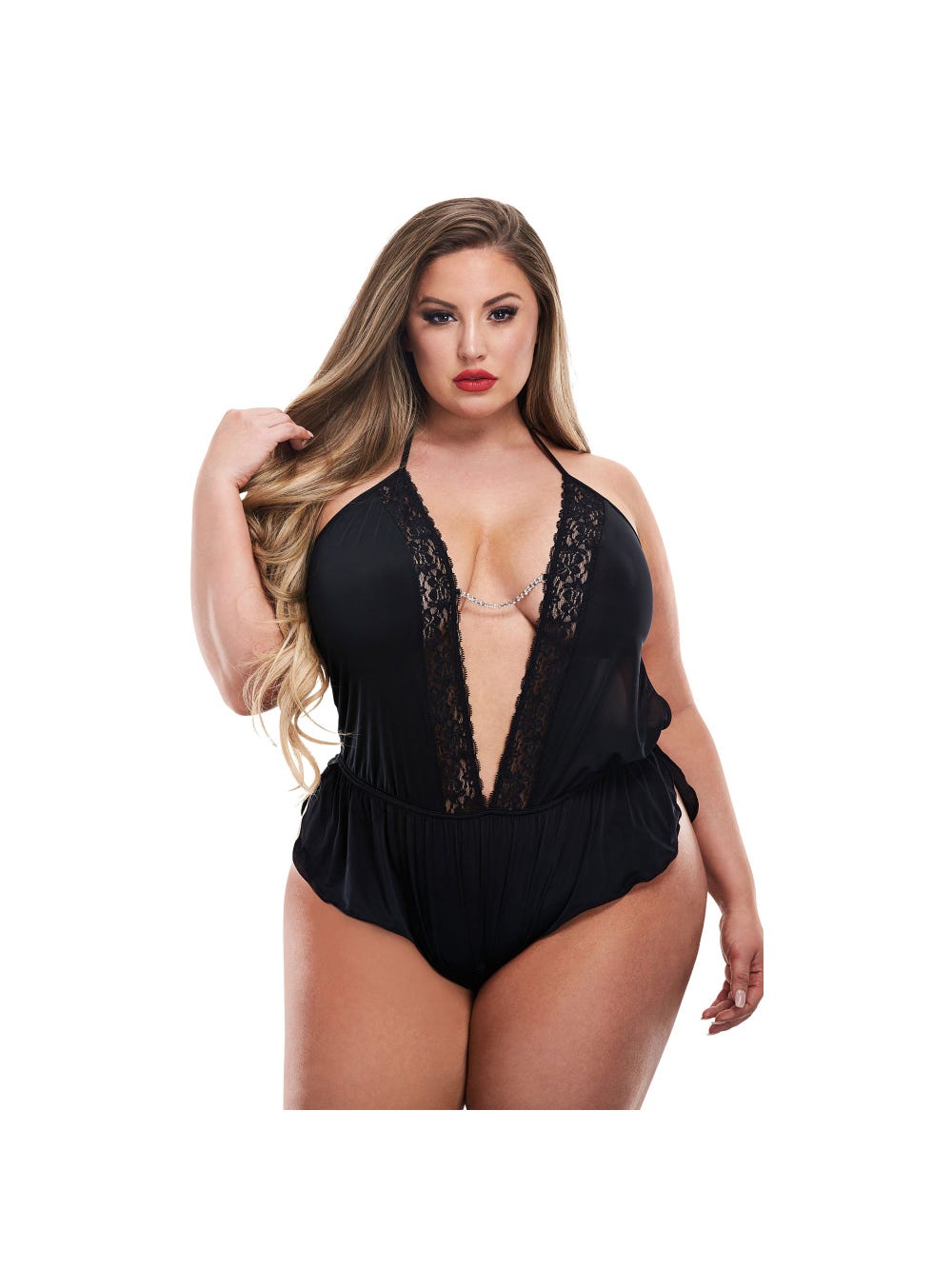 Body Ouvert Col V Satin Noir GT main product photo