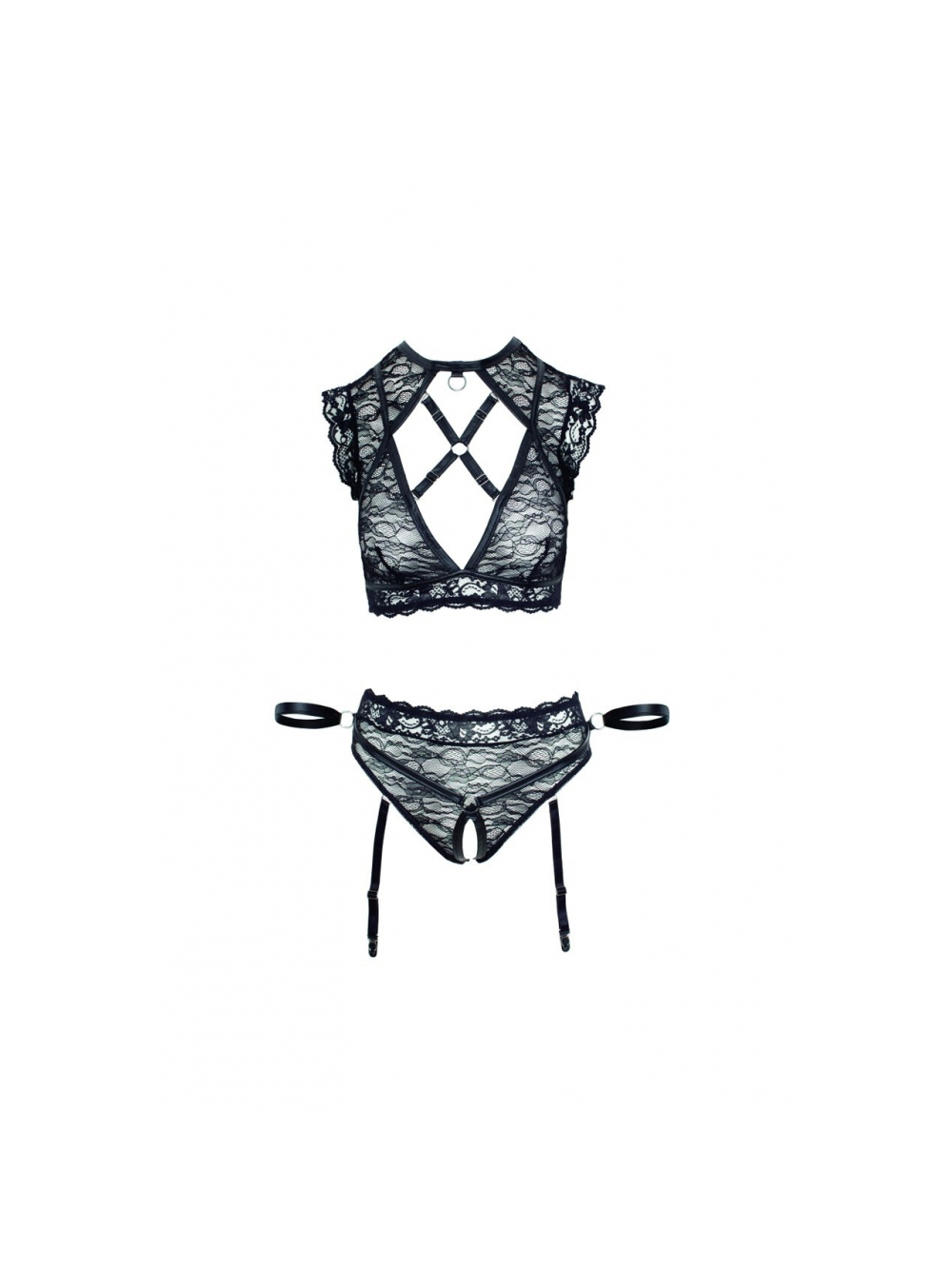 Ensemble 3 Pièces Ouvert Harnais & Menottes Noir