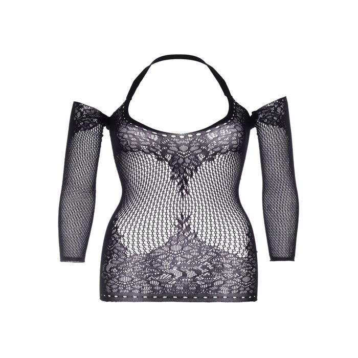 Robe 86956 Col Croisé Résille & Motifs Floraux Noire