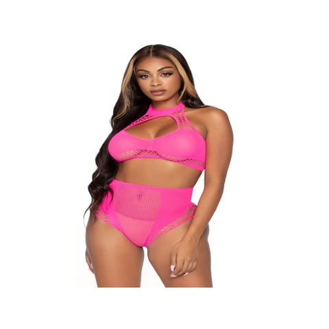 Ensemble 2 Pièces 81632 Top & String Résille Rose Fluo