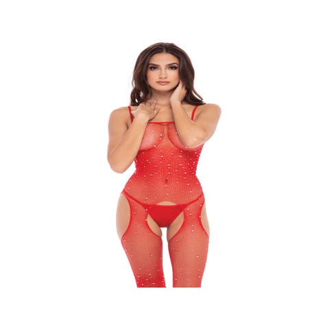 Combinaison Porte-Jarretelles Résille & Strass Rouge