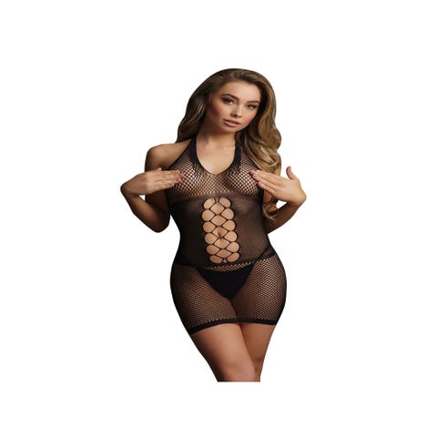 Robe Mini DES050 Peek-A-Boo Résille Noire