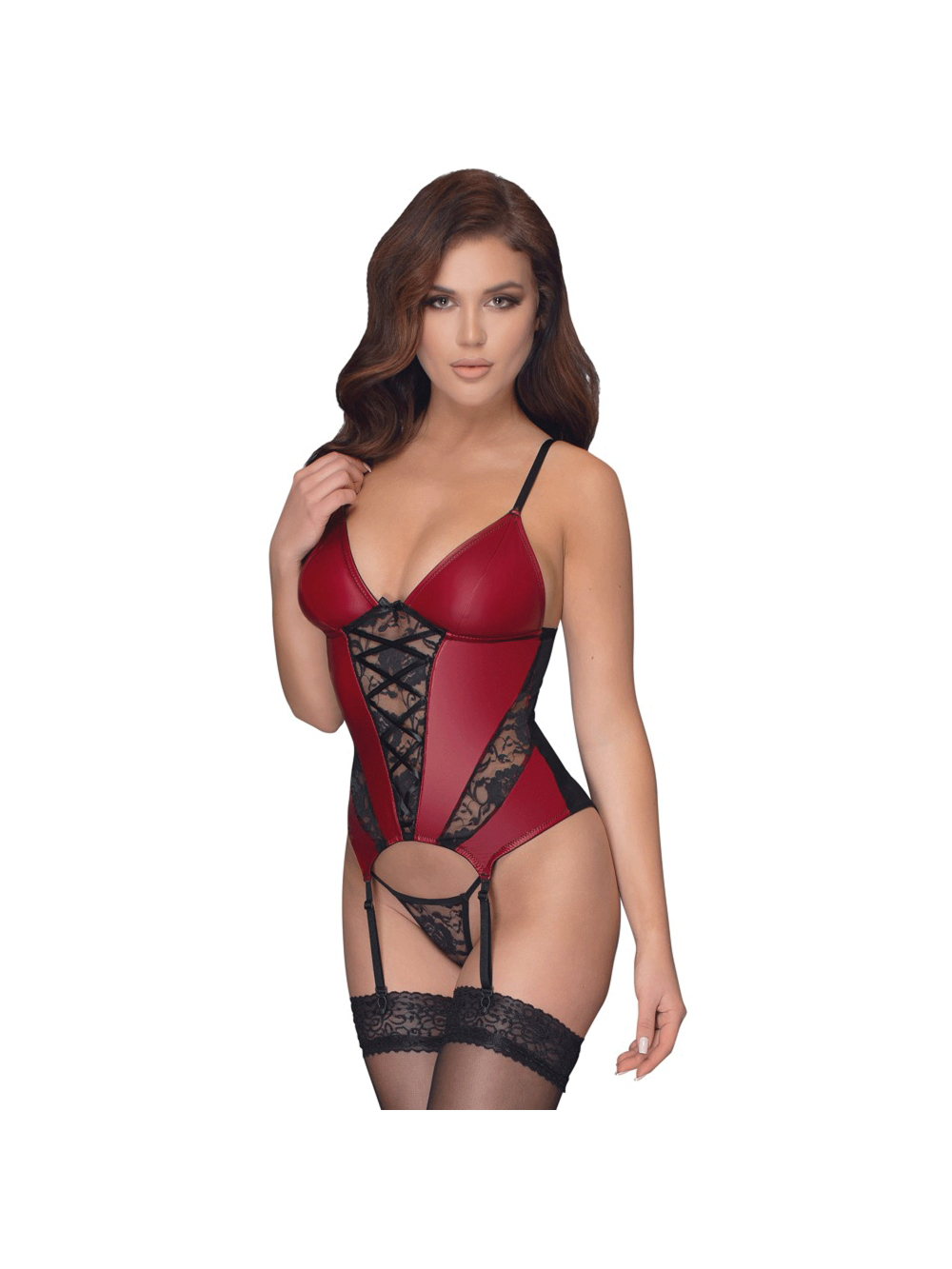 Guêpière Effet Cuir, Dentelle Rouge & Noire main product photo