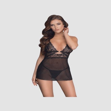 Nuisette Babydoll Maille Transparente, Dentelle Noire