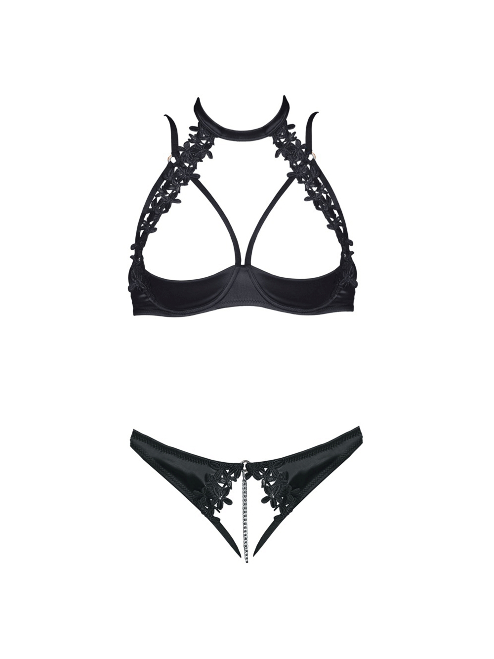Ensemble 2 Pièces Ouvert Chaîne Stimulante, Dentelle Noir