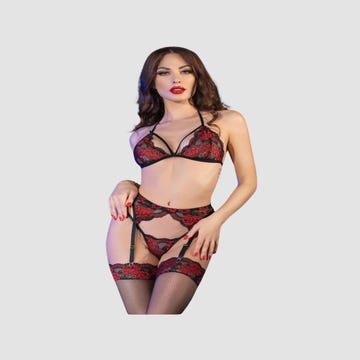 Ensemble 4 Pièces Dentelle CR4468 Rouge & Noir