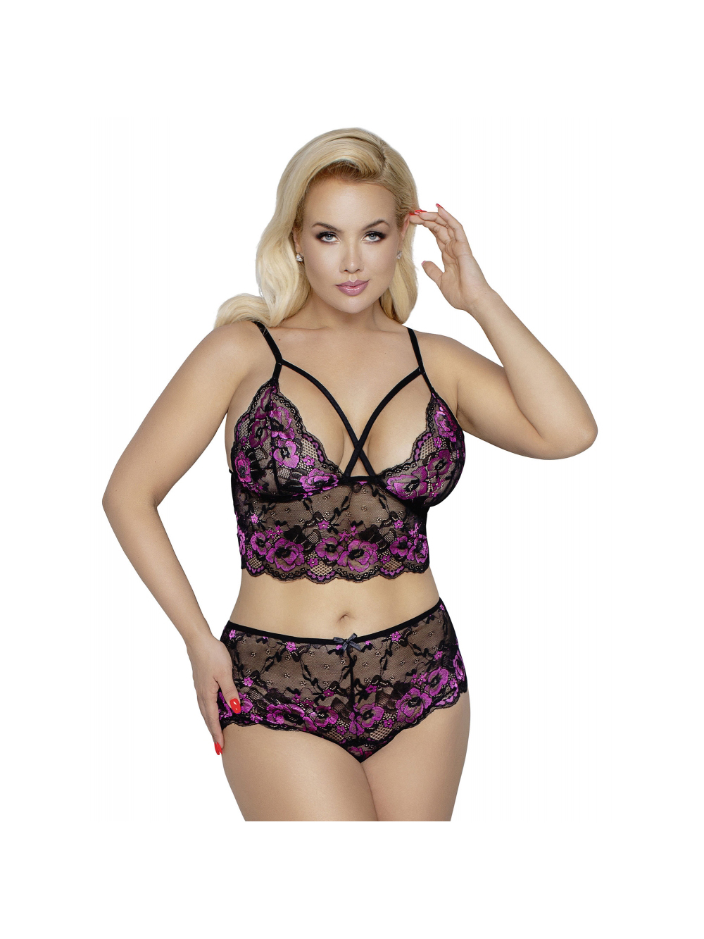 Ensemble 2 Pièces Dentelle et Lanières Noir & Violet GT main product photo