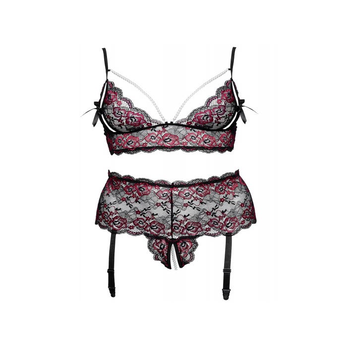 Ensemble 2 Pièces Ouvert Dentelle et Perles Rouge & Noir GT