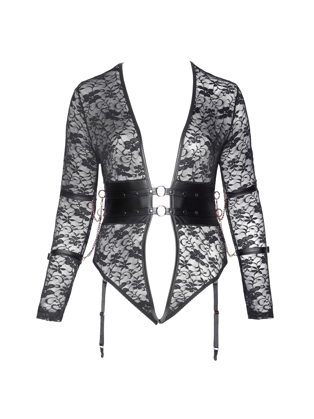 Body Ouvert Dentelle, Simili Cuir & Menottes Noir GT