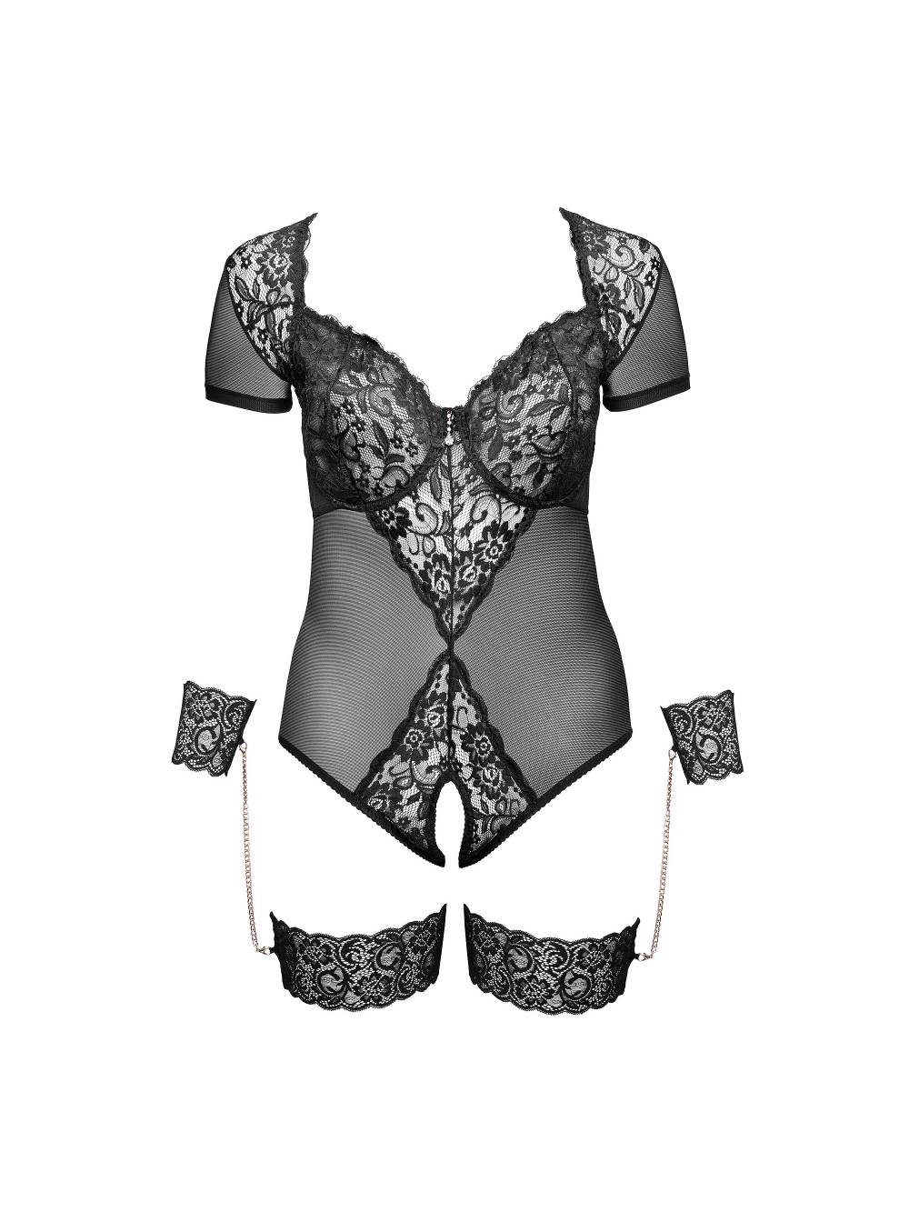 Body Ouvert, Jarretières & Menottes Dentelle Noir