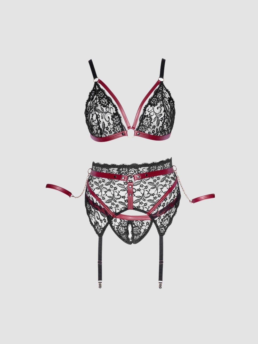 Ensemble 3 Pièces Ouvert Dentelle, Sangles et Menottes Rouge & Noir GT