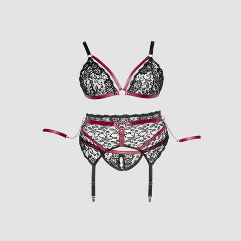 Ensemble 3 Pièces Ouvert Dentelle, Sangles et Menottes Rouge & Noir GT