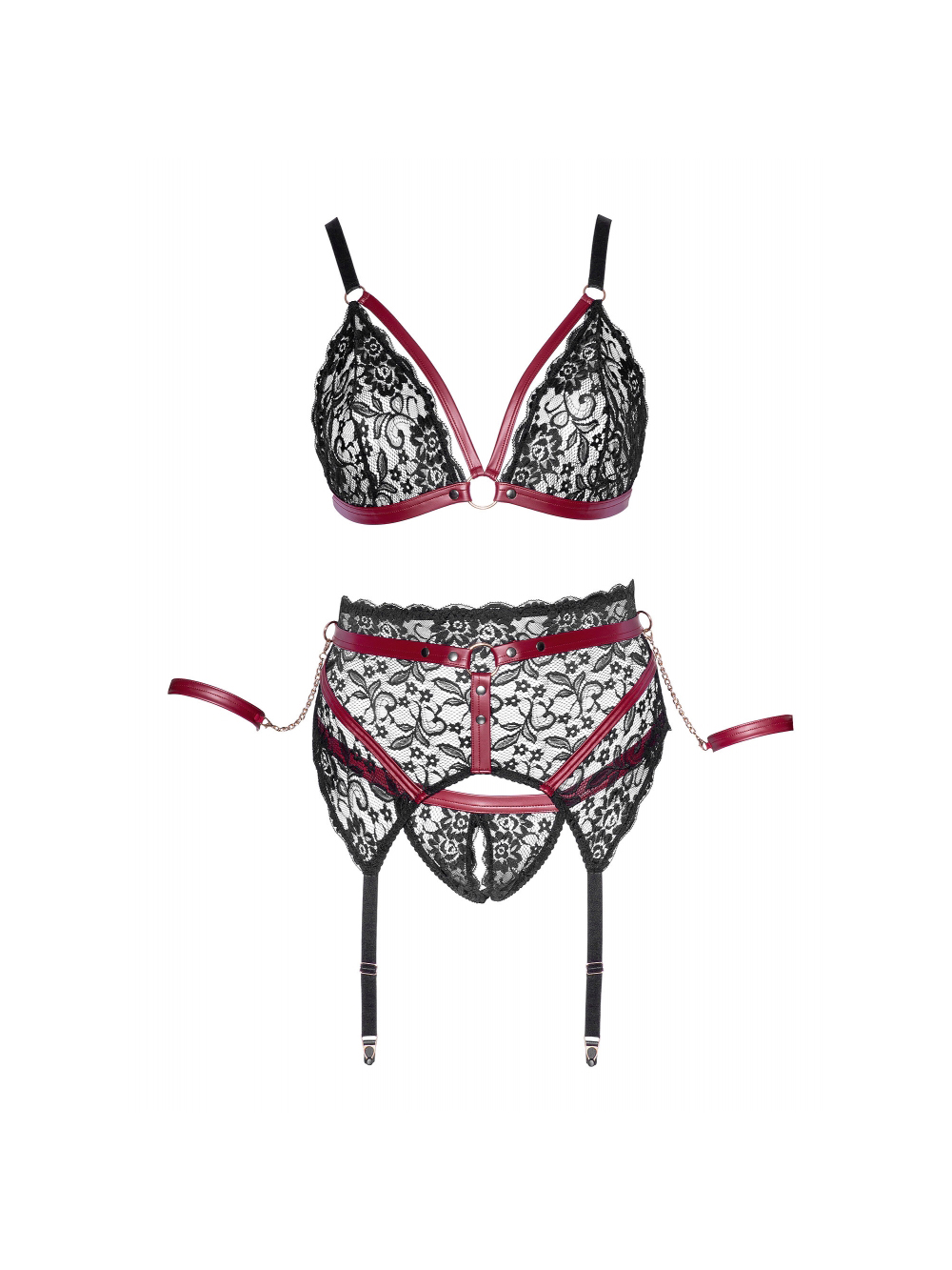 Ensemble 3 Pièces Ouvert Dentelle, Sangles et Menottes Rouge & Noir GT main product photo