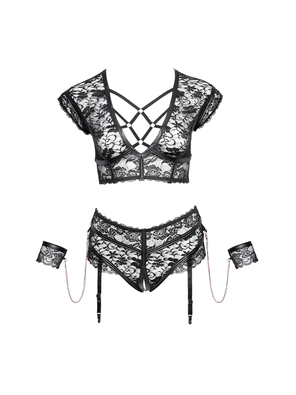 Ensemble 2 Pièces Dentelle, Lanières & Menottes Noir GT main product photo