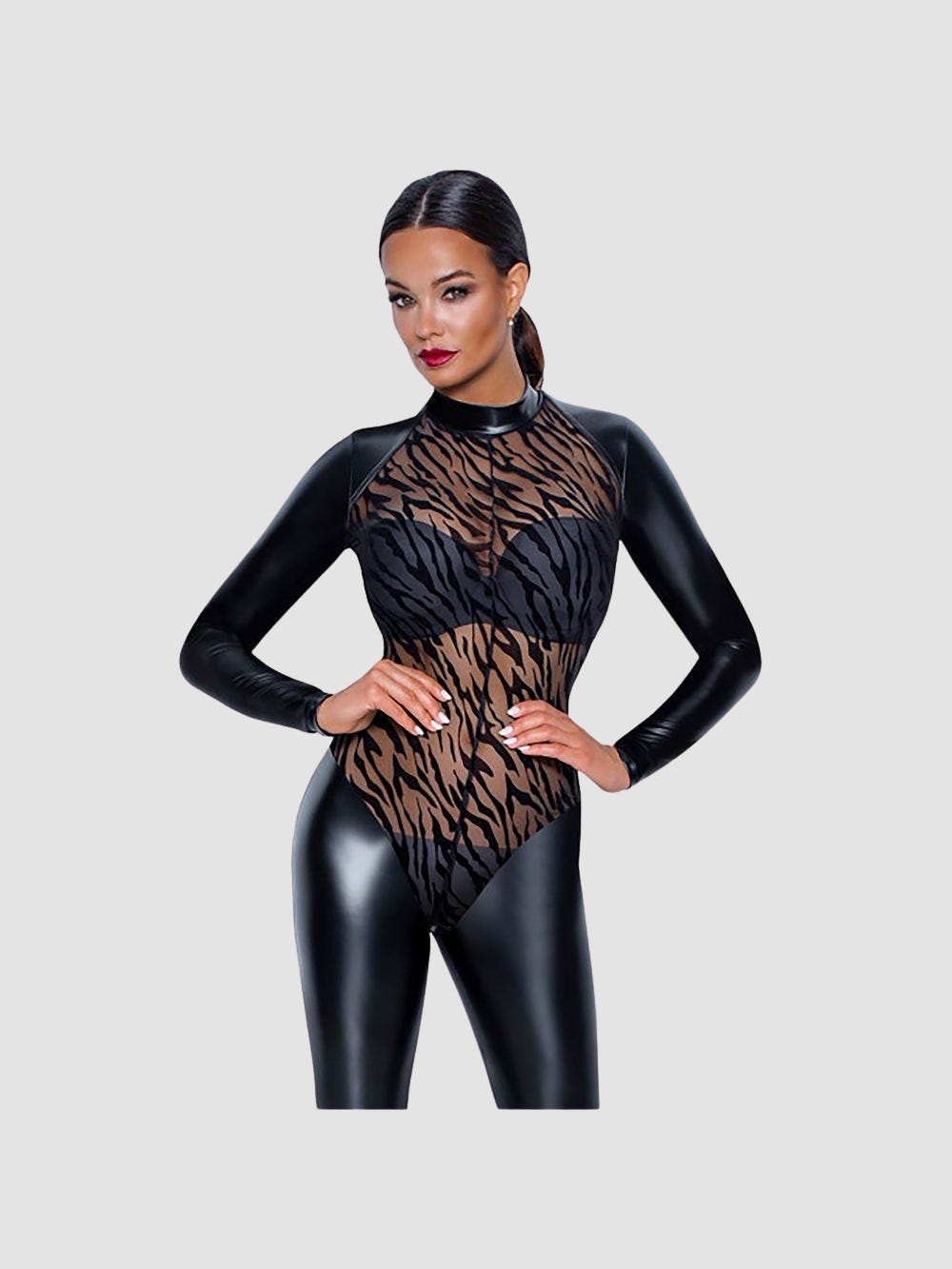 Combinaison Maille Transparente & Wetlook Motif Tigre Noire