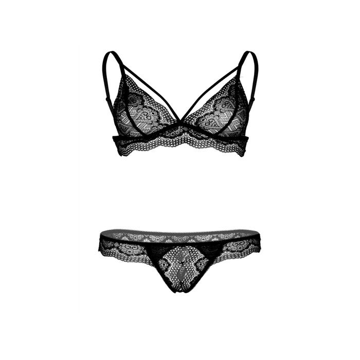 Ensemble 2 Pièces Ajouré Dentelle Coeur Noir