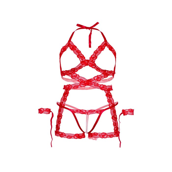 Ensemble 3 Pièces 81640 Harnais & Menottes Dentelle Rouge