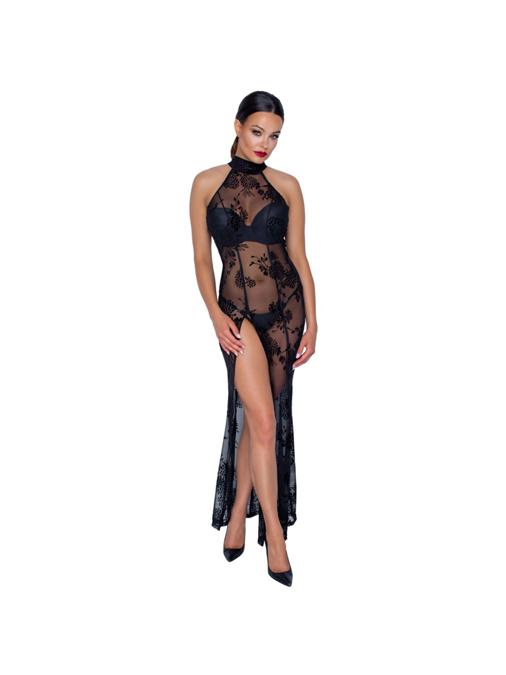 Robe Longue Fendue Motif Floral Noire main product photo