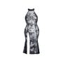 Robe Longue Fendue Motif Floral Noire