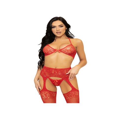 Ensemble 3 Pièces 81656 Résille & Strass Rouge