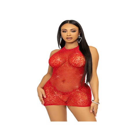 Robe Mini 86134 Résille & Strass Rouge