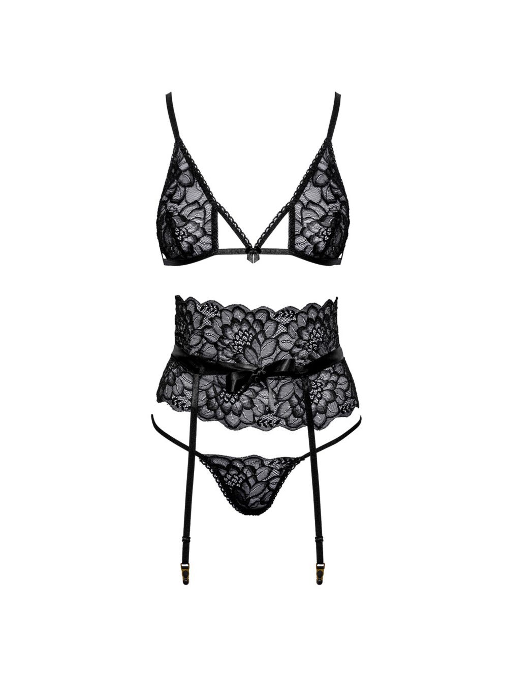 Ensemble 3 pièces dentelle fleurs & noeud noir