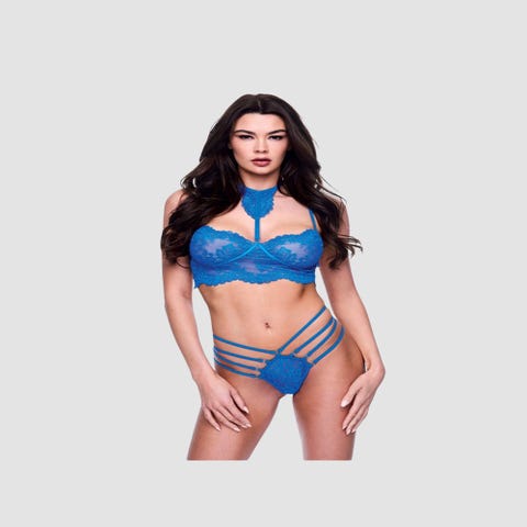 Ensemble 2 pièces dentelle feuillage bleu