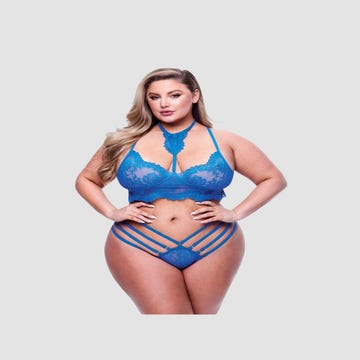 Ensemble 2 pièces dentelle feuillage bleu GT