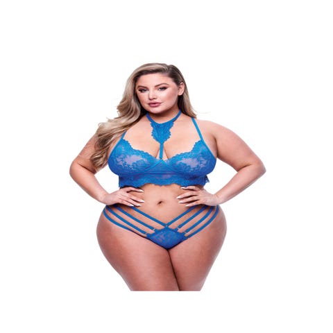 Ensemble 2 pièces dentelle feuillage bleu GT