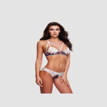 Ensemble 2 pièces ouvert dentelle & imprimé fleurs