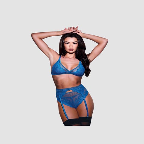 Ensemble 3 pièces dentelle & résille bleu