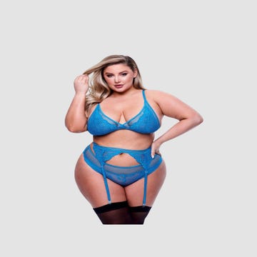 Ensemble 3 pièces dentelle & résille bleu GT
