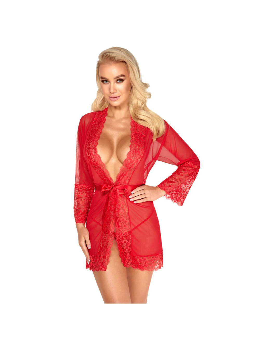 Déshabillé dentelle fleurs & noeud rouge main product photo